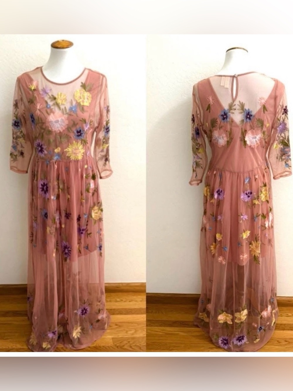 NWT $218 retail. Size XL Embroidered Floral Mesh Maxi Dress - Blush Pink #Anthro